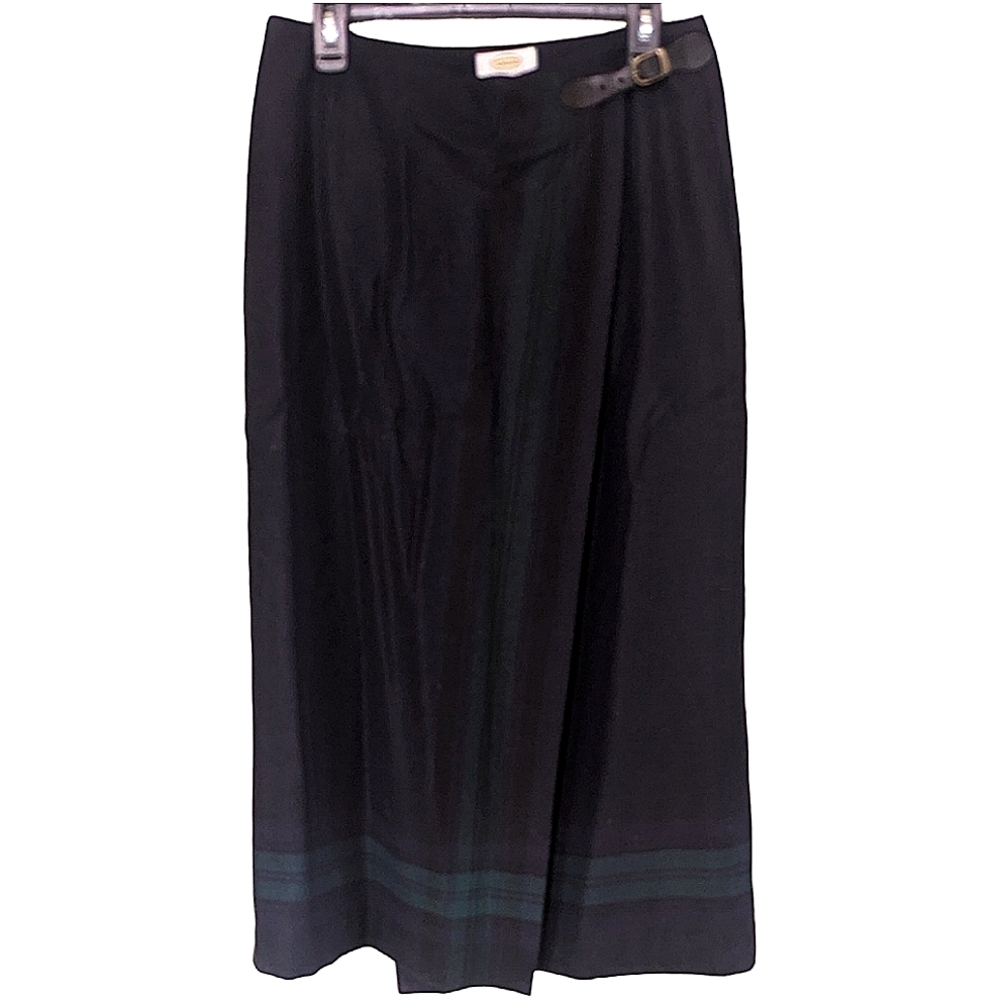 Dark navy and teal wool wrap skirt with belt detail